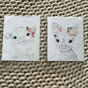 Two 8x10 Watercolor Rhino & Hippo Painting with Flower Crown